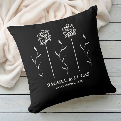 Black and White Minimalist Curly Floral Throw Pillow