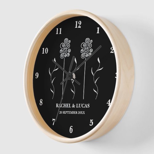 Black and White Minimalist Curly Floral Wall Clock