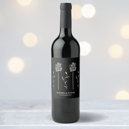 Black and White Minimalist Curly Floral Wine Label