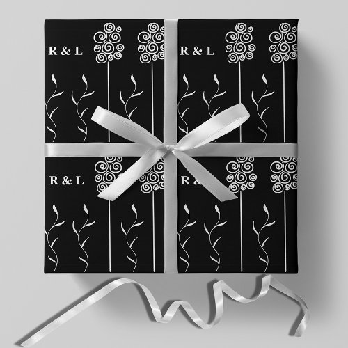 Black and White Minimalist Curly Floral Wrapping Paper