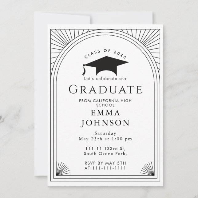 Black and White Minimalist Deco Graduation Party Invitation (Front)