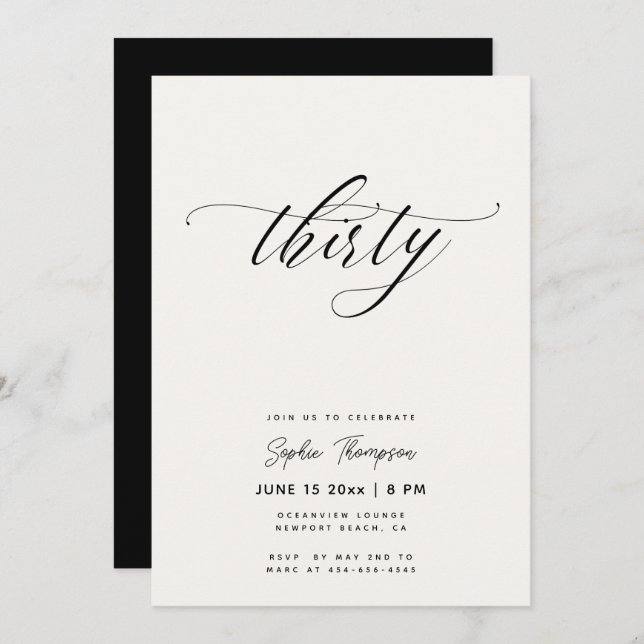 Black and White Minimalist Elegant 30th Birthday Invitation (Front/Back)