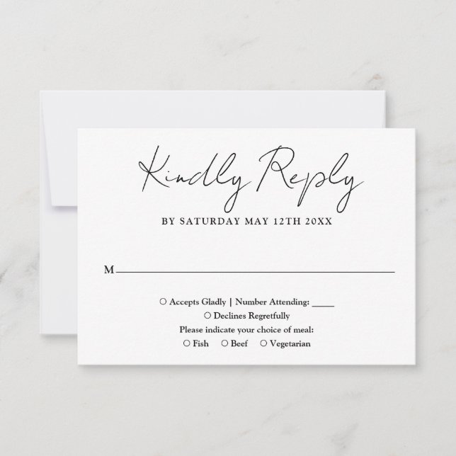 Black And White Minimalist Elegant Script Wedding RSVP Card (Front)