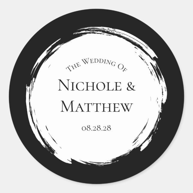 Black and White Minimalist Elegant Wedding Classic Round Sticker (Front)