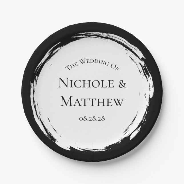 Black and White Minimalist Elegant Wedding Paper Plates (Front)