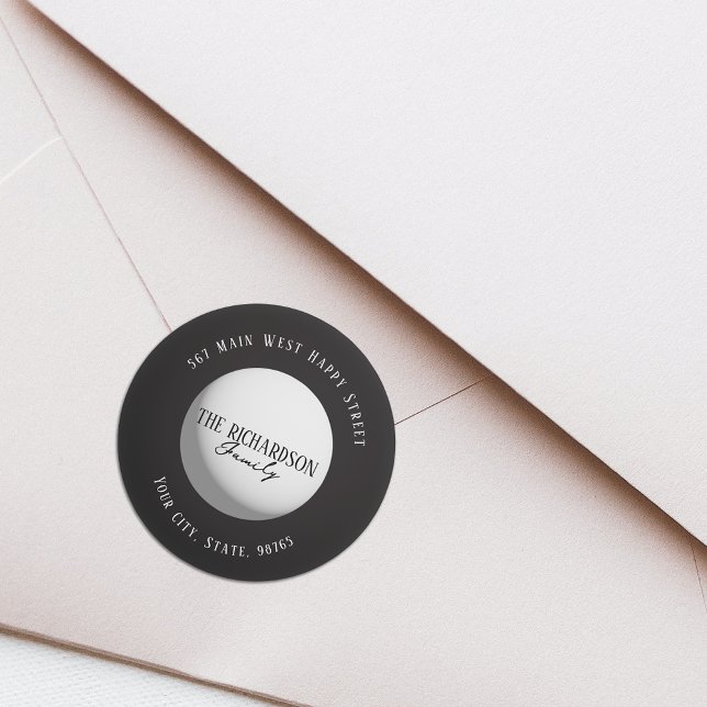 Black and White Minimalist Family Name Address Classic Round Sticker (Creator Uploaded)