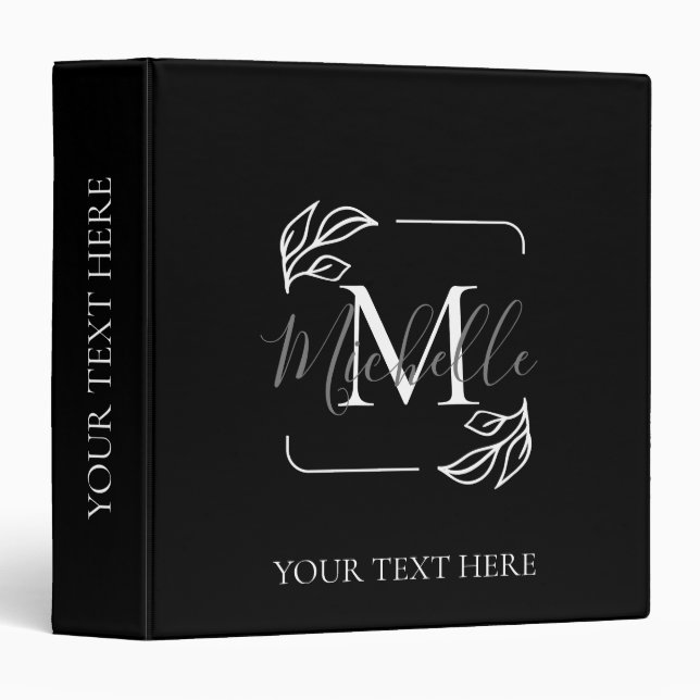 Black and White Minimalist Floral 3 Ring Binder (Front/Spine)