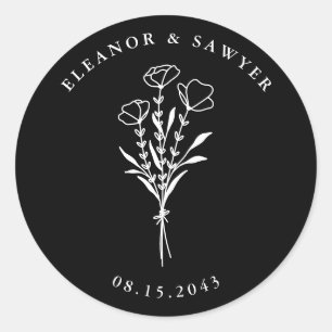Black and White Minimalist Floral Bouquet Wedding Classic Round Sticker