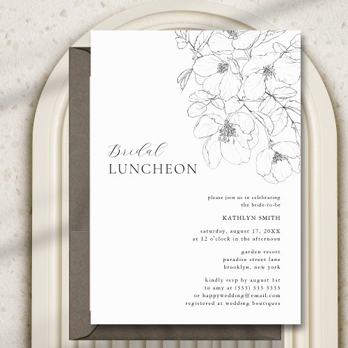 Black and White Minimalist Floral Bridal Luncheon Invitation