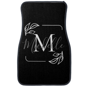 Black and White Minimalist Floral Car Floor Mat