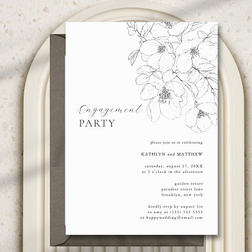 Black and White Minimalist Floral Engagement Party Invitation