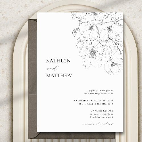 Black and White Minimalist Floral Modern Wedding Invitation