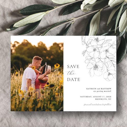Black and White Minimalist Floral Save The Date Magnetic Invitation