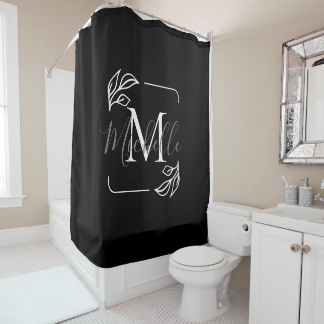 Black and White Minimalist Floral Shower Curtain (In Situ)