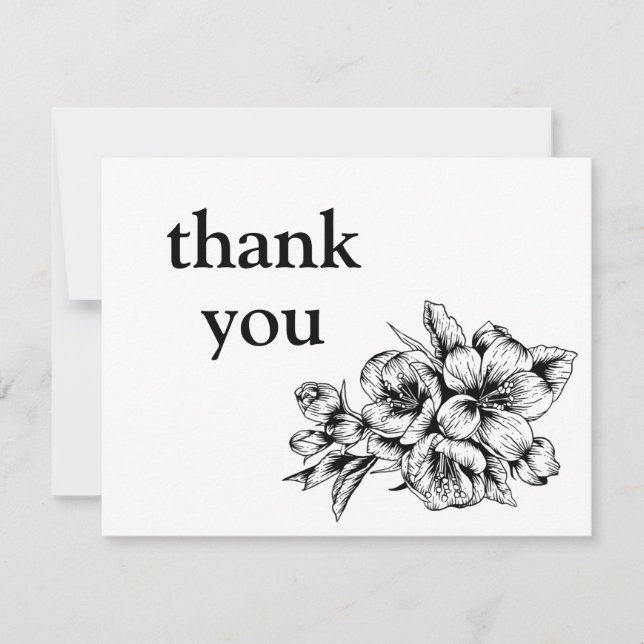 Black and white minimalist floral Thank You Card (Front)