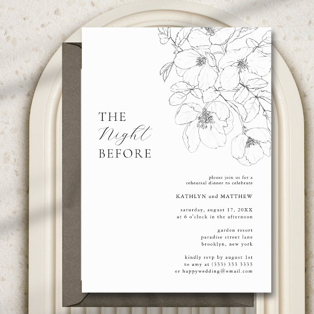 Black and White Minimalist Floral The Night Before Invitation (Creator Uploaded)