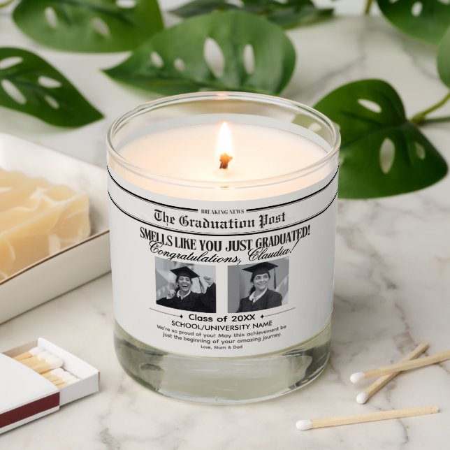 Black and White Minimalist Graduation Newspaper Scented Candle (Lit)
