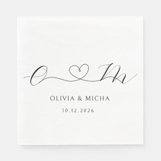 Black And White Minimalist Heart Monogram Wedding Napkins