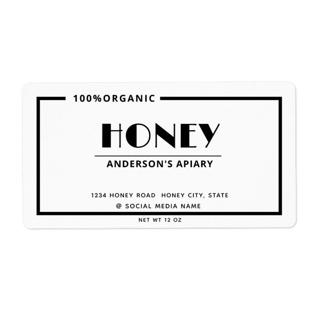 Black and white minimalist Honey product Label (Front)