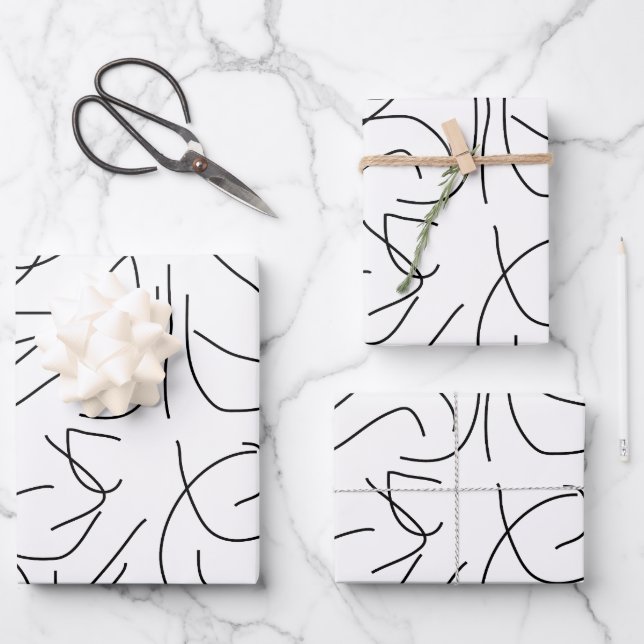 Black and White Minimalist Line Art Wrapping Paper Sheets (Front)