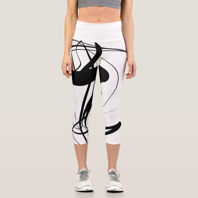 Black and White Minimalist Lines Yoga Mat Capri Leggings (Front)