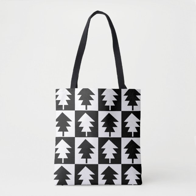 Black and White Minimalist Modern Christmas Tree Tote Bag (Front)