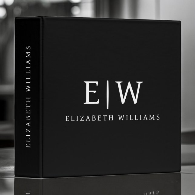 Black and White Minimalist Modern Monogram 3 Ring Binder (Creator Uploaded)