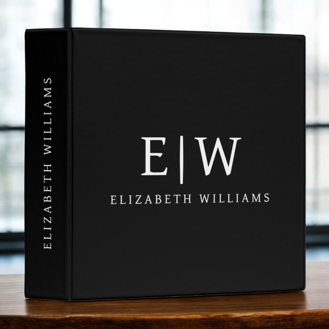 Black and White Minimalist Modern Monogram 3 Ring Binder (Creator Uploaded)