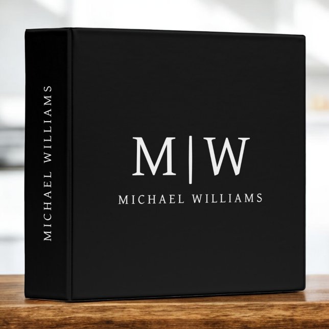 Black and White Minimalist Modern Monogram 3 Ring Binder (Creator Uploaded)
