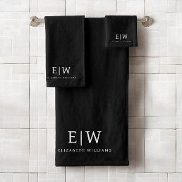 Black and White Minimalist Modern Monogram Bath Towel Set