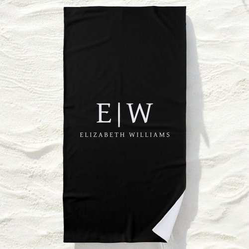 Black and White Minimalist Modern Monogram Beach Towel