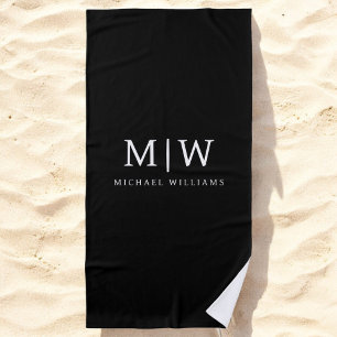 Black and White Minimalist Modern Monogram Beach Towel