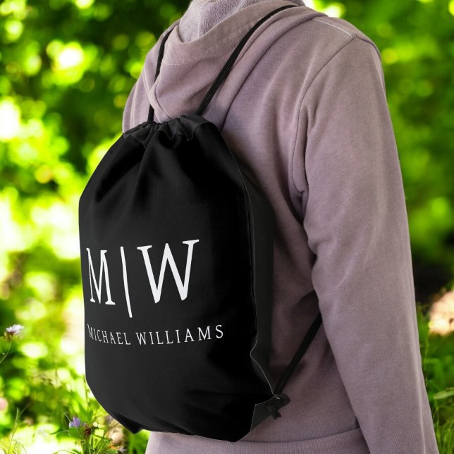 Black and White Minimalist Modern Monogram Drawstring Bag (Creator Uploaded)