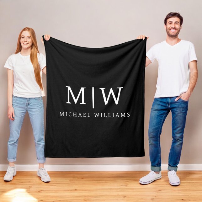 Black and White Minimalist Modern Monogram Fleece Blanket (Creator Uploaded)