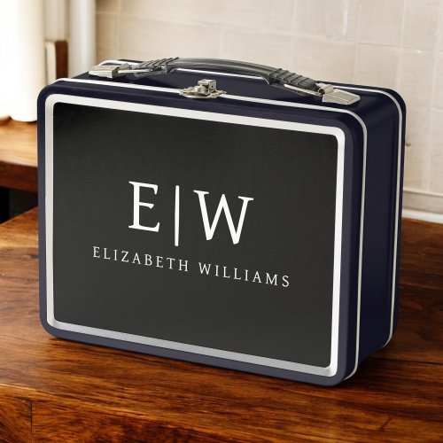 Black and White Minimalist Modern Monogram Metal Lunch Box