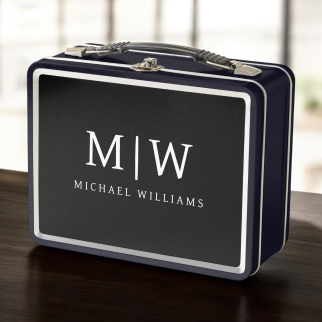 Black and White Minimalist Modern Monogram Metal Lunch Box (Creator Uploaded)