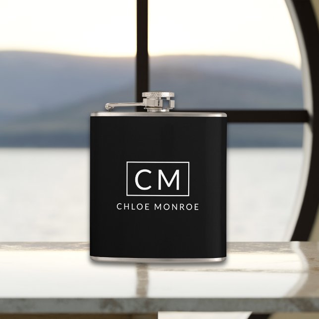 Black and White Minimalist Modern Monogram Name Flask (Creator Uploaded)