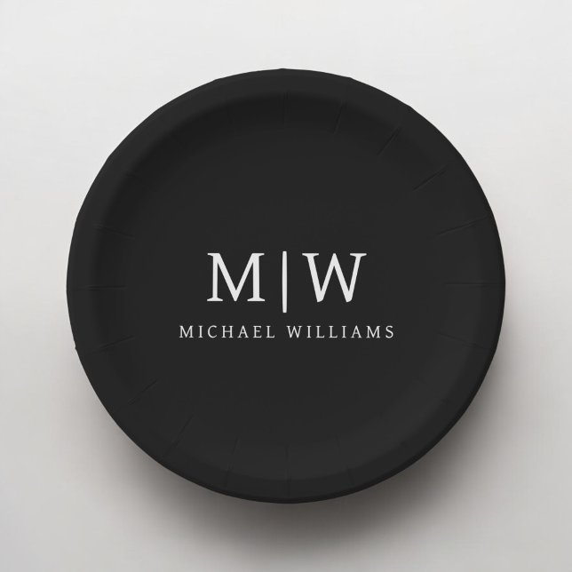 Black and White Minimalist Modern Monogram Paper Plates (Creator Uploaded)