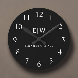 Black and White Minimalist Modern Monogram Round Clock