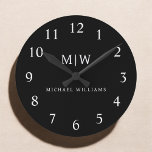 Black and White Minimalist Modern Monogram Round Clock<br><div class="desc">Introducing our Black and White Minimalist Modern Monogram Collection: Embrace simplicity and sophistication with our minimalist designs, curated to elevate your style effortlessly. Crafted with a keen eye for modern aesthetics, this collection features sleek black and white designs accentuated by personalized monograms. From chic stationery to versatile accessories, our collection...</div>