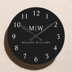 Black and White Minimalist Modern Monogram Round Clock