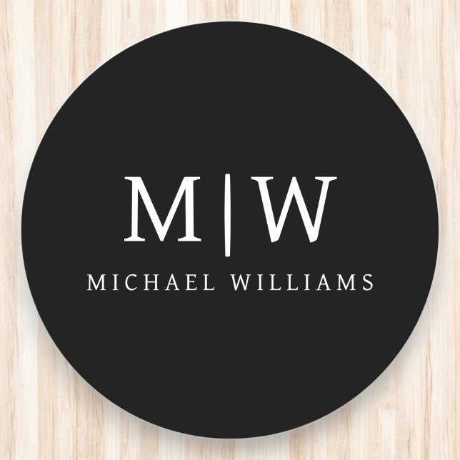 Black and White Minimalist Modern Monogram Round Paper Coaster (Creator Uploaded)