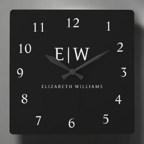 Black and White Minimalist Modern Monogram Square Wall Clock