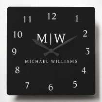 Black and White Minimalist Modern Monogram Square Wall Clock