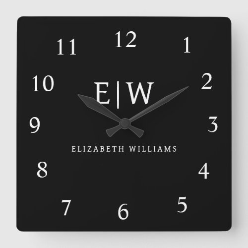 Black and White Minimalist Modern Monogram Square Wall Clock