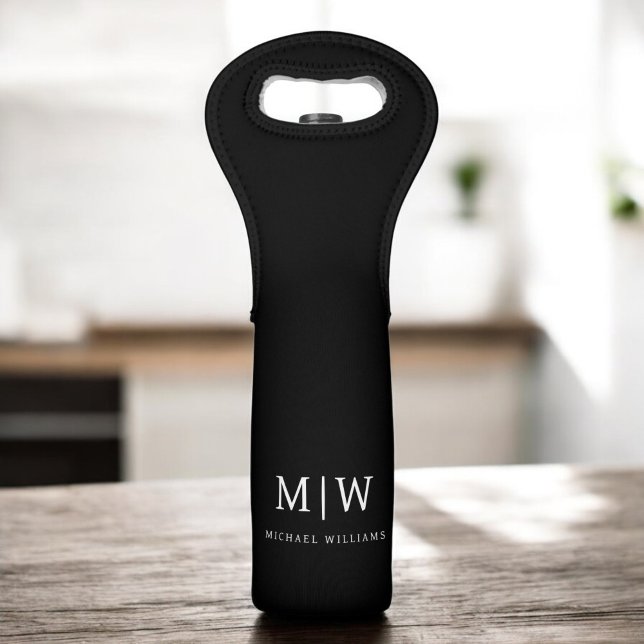 Black and White Minimalist Modern Monogram Wine Bag (Creator Uploaded)