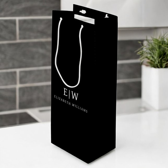 Black and White Minimalist Modern Monogram Wine Gift Bag (Creator Uploaded)