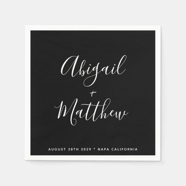 Black and White Minimalist Modern Script Wedding Napkins (Front)