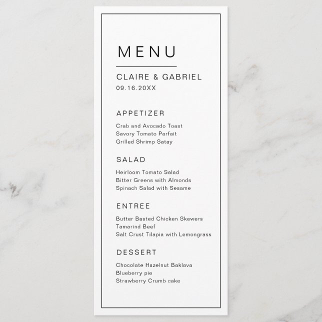 Black and white minimalist modern wedding menu (Front)