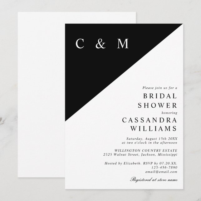 Black And White Minimalist Monogram Bridal Shower Invitation (Front/Back)